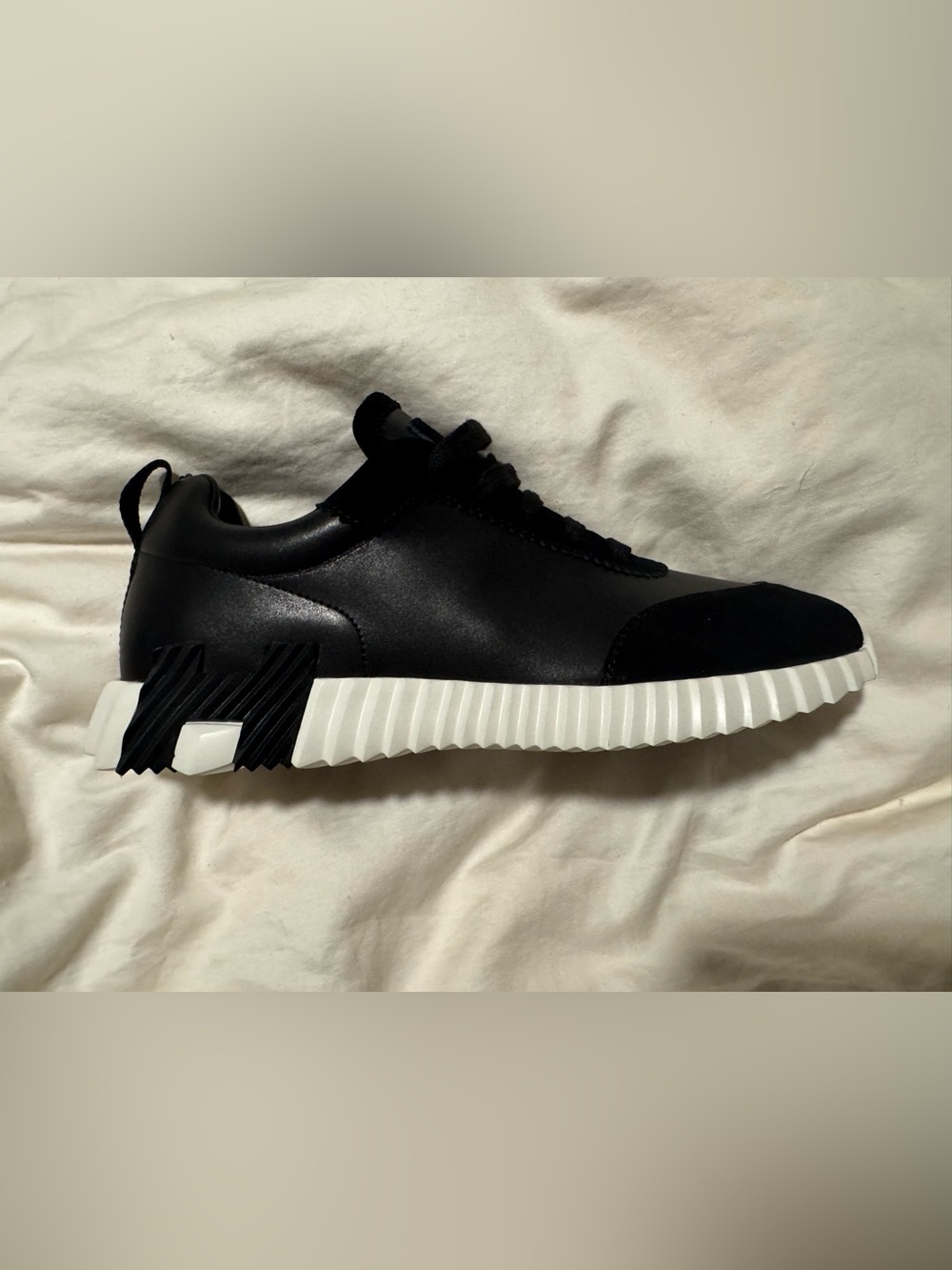 Hermes Black Leather Low-Top Sneaker with White Ribbed Sole